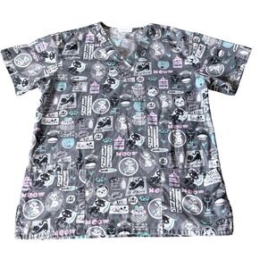 UA Scrubs Furry Friends Granite Cat Print V-Neck Scrub Top Grey Medium